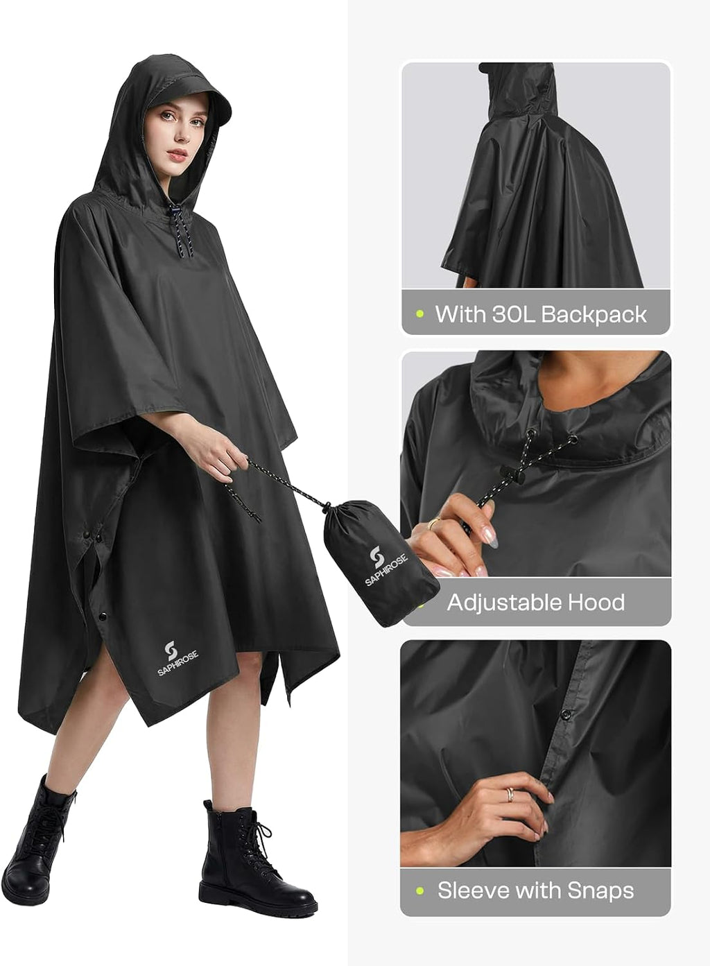 SaphiRose Hooded Rain Poncho Waterproof Raincoat Jacket for Men Women Adults