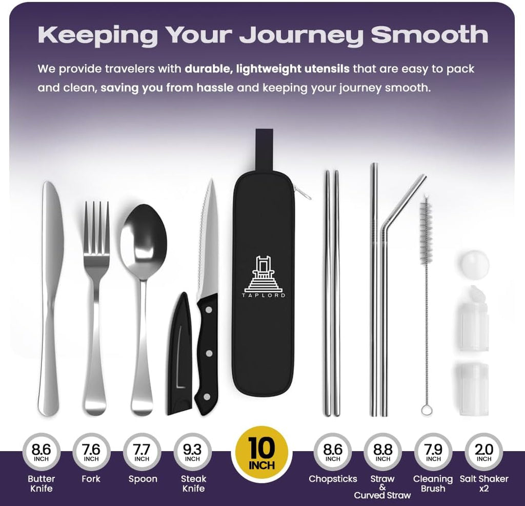 Travel Utensils With Case, 10 Pcs portable silverware set (Silver)