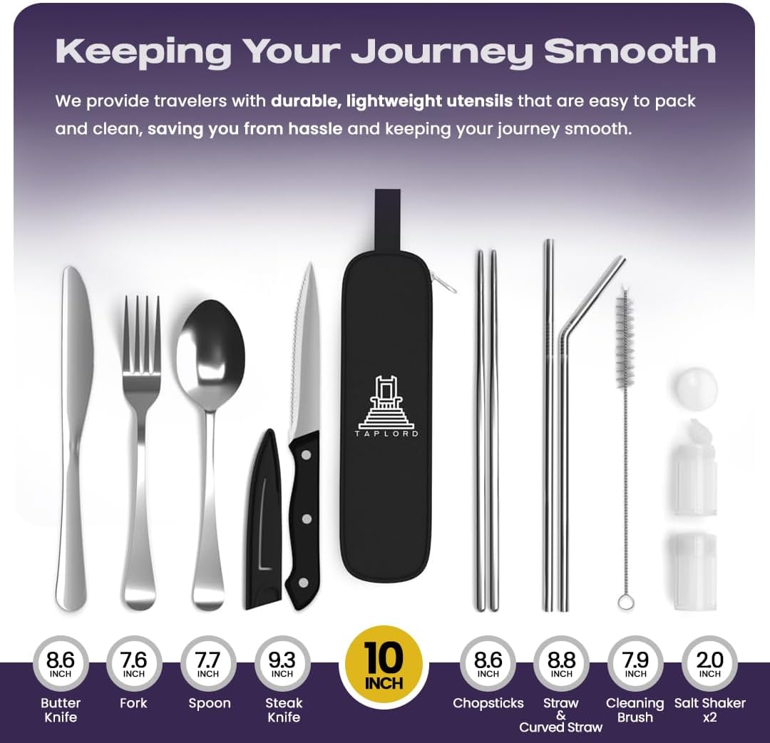 Travel Utensils With Case, 10 Pcs portable silverware set (Silver)