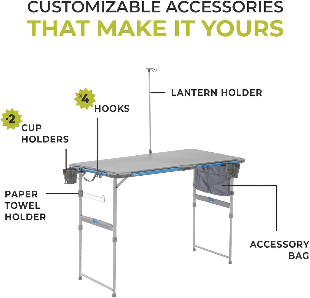 CORE Outdoor Camp Table | 4 Foot Table with Adjustable Height and Storage for Camping Accessories | Foldable & Portable for Beach, Picnic, Backyards, BBQ, Tailgate, Patio and Party