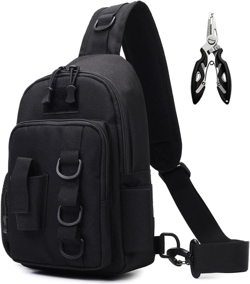 Fishing Sling Bag - Small Fishing Tackle Storage Bags with Rod Holder((Black)