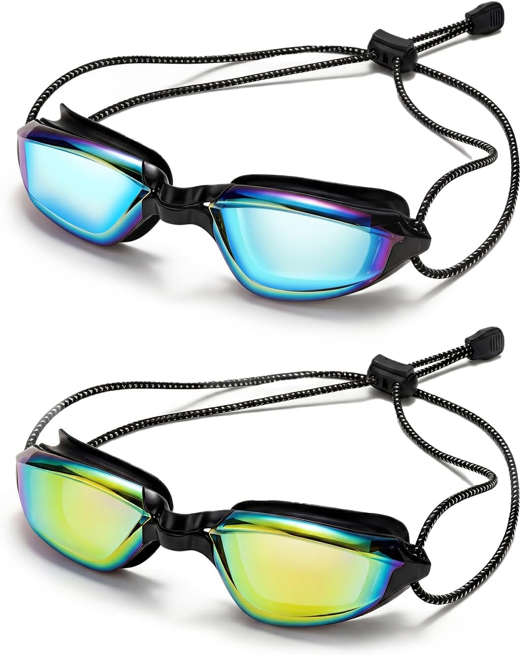 Aegend Swimming Goggles with Adjustable Bungee Strap, No Leak Anti-Fog UV Protection Mirrored Swim Goggles Adults (2 Pack)