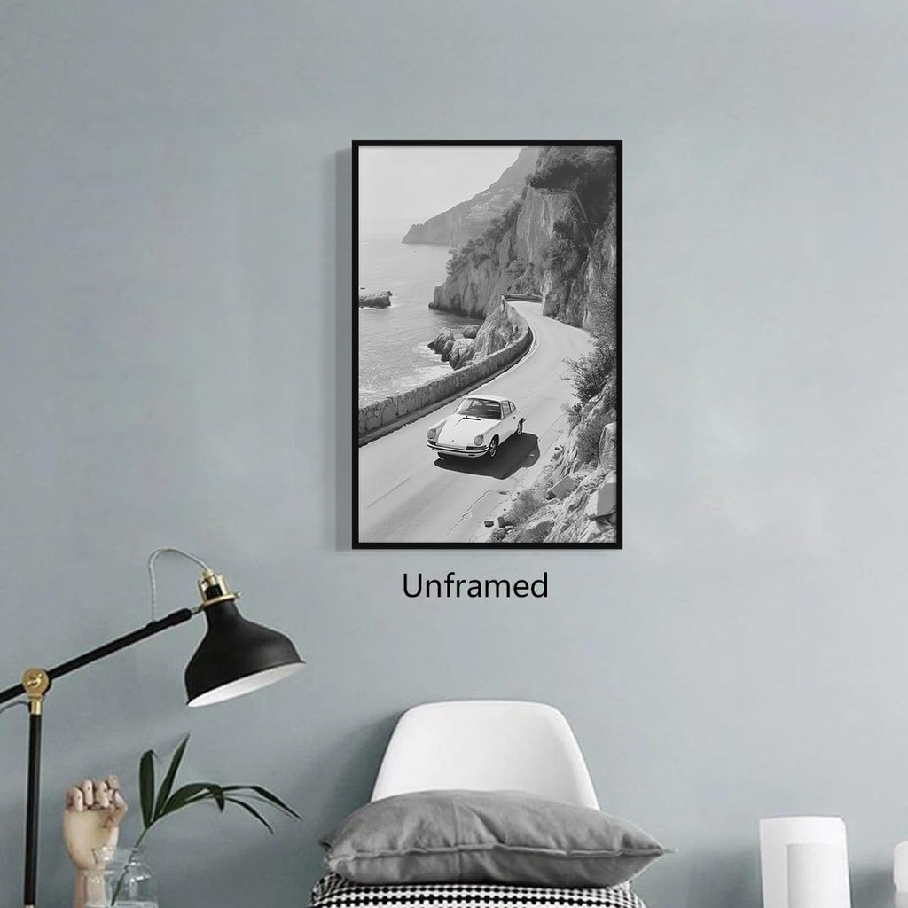 xbsifyiooa Black and White Photography Canvas Wall Art, Car Driving In Amalfi Coast Poster, Vintage Italy Coastal Travel Photo Print, Classic Car Picture for European Road Adventures 16x24in Unframed