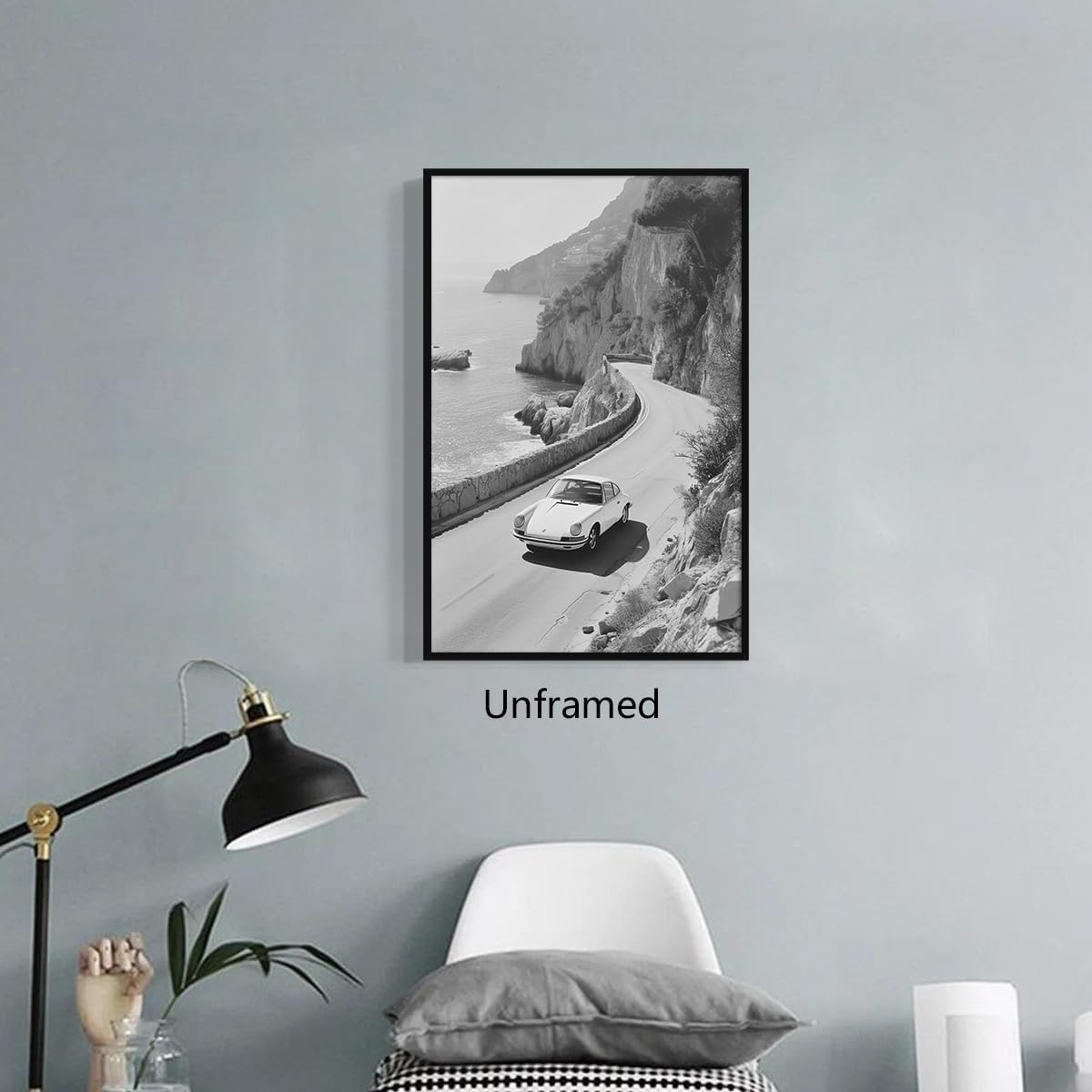 xbsifyiooa Black and White Photography Canvas Wall Art, Car Driving In Amalfi Coast Poster, Vintage Italy Coastal Travel Photo Print, Classic Car Picture for European Road Adventures 16x24in Unframed