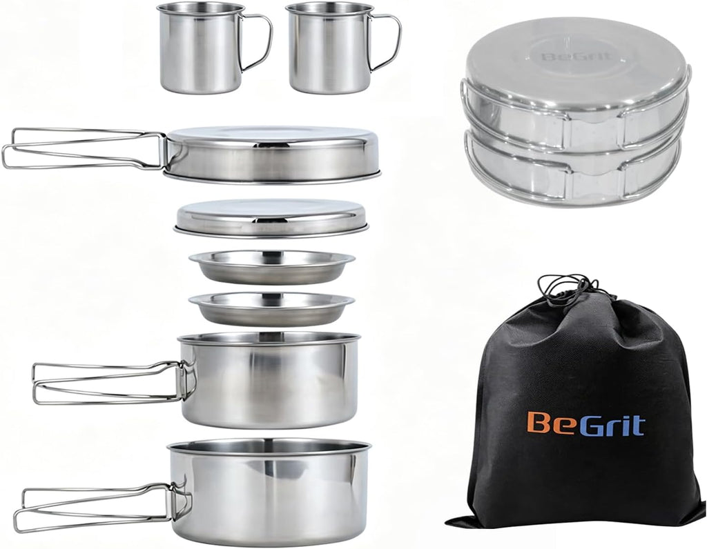 BeGrit Stainless Steel Camping Cookware Pot and Pan Set for Backpacking