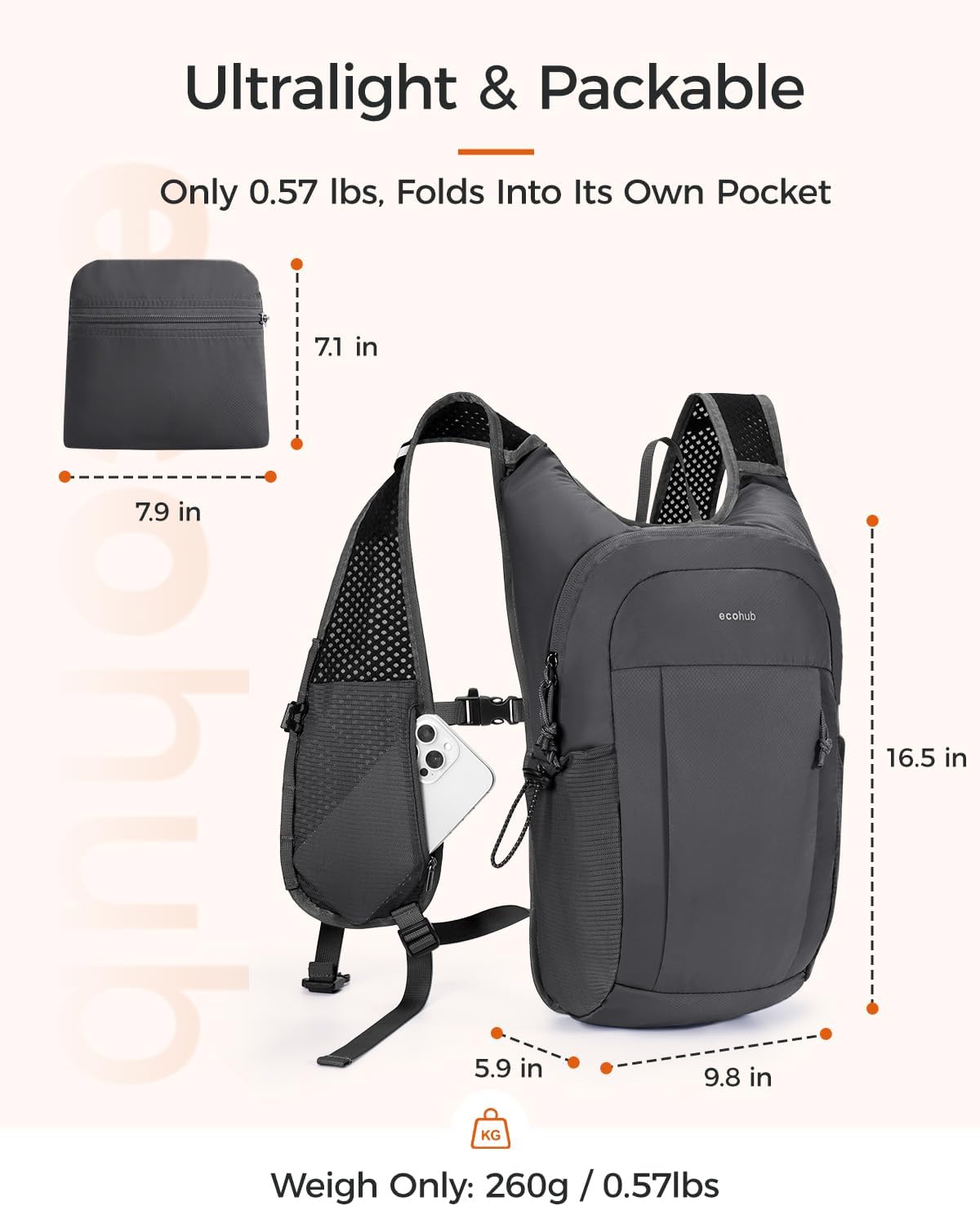 ECOHUB Small Hiking Daypacks Men 15L Lightweight Backpack for Travel Grey