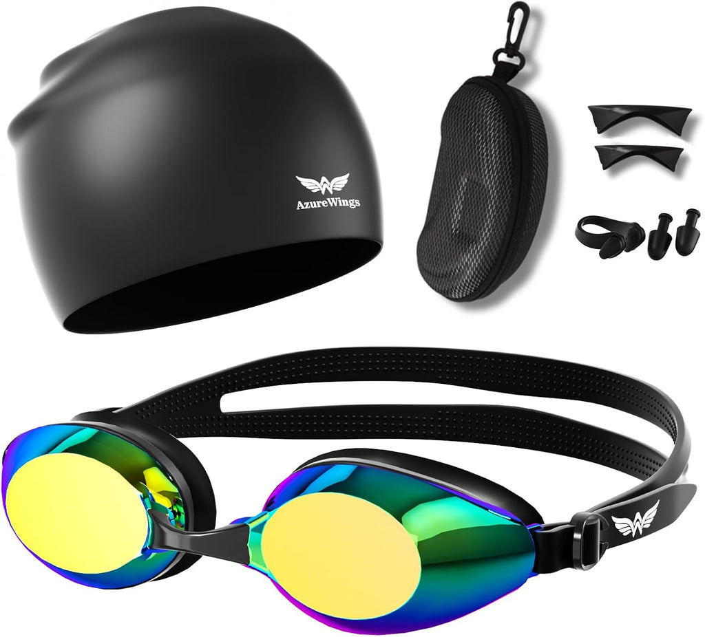 Swim Goggles and Swim Cap Set for Adults, Anti-Fog Leakproof UV Protection Swimming Goggles with Silicone Cap