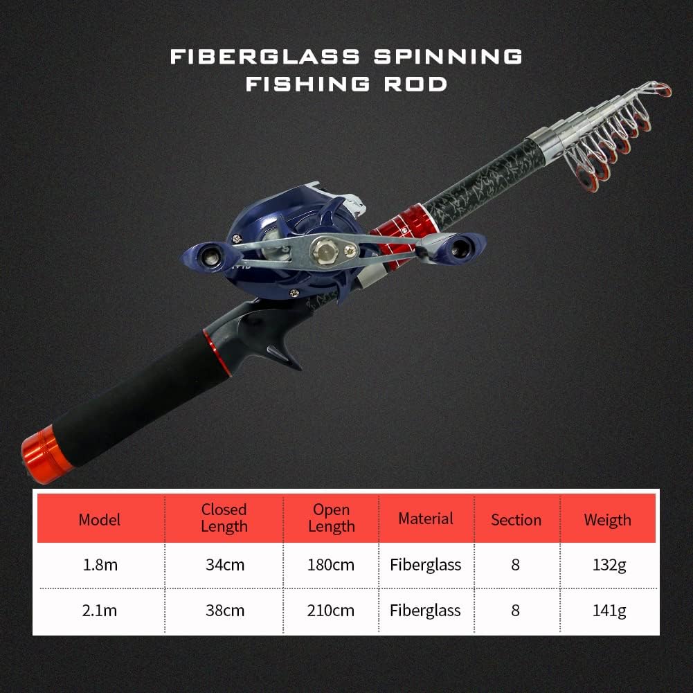 Telescopic Fishing Rod and Reel Combos, Carbon Fiber Fishing Rod with Stainless Steel Baitcasting Reel Portable Fishing Pole Reel Combo for Travel Saltwater Freshwater