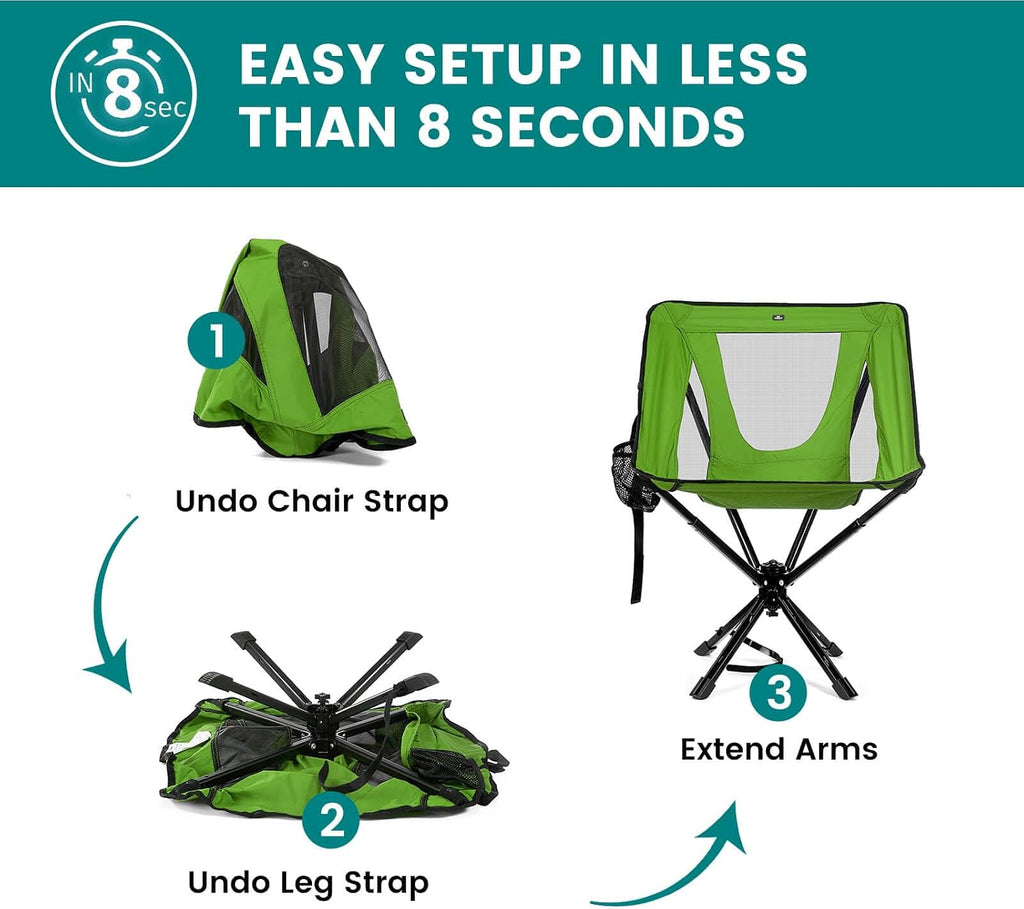 TCEK Portable Camping Chair - SwivelCore 180 Swivel & Auto-Return, Small Compact Lightweight Folding Chairs for Adults, Outdoor Backpack Chair for Adventures, Setup in Seconds, Support 300 LBS