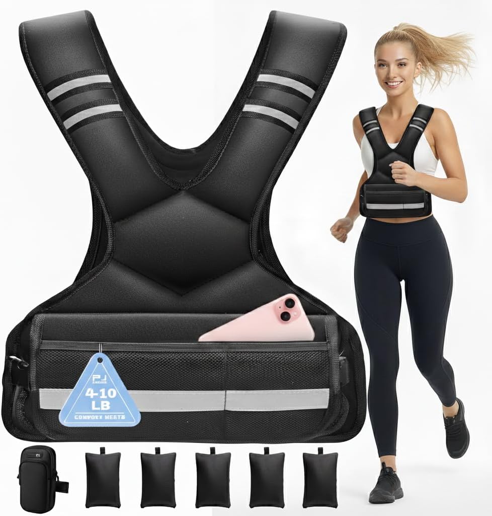 Adjustable Weighted Vest for Men and Women,4-10lb Variable Body Weight Vest for Home Workouts, Running, Rucking, HIIT & Strength Training, Removable Ironsand Weights, Reflective & Pockets