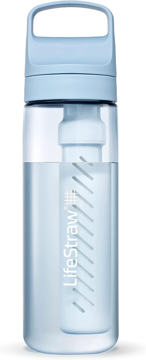 LifeStraw Go Series – BPA-Free Water Filter Bottle for Travel and Everyday use removes Bacteria, parasites and microplastics, Improves Taste, 22oz Cherry Blossom Pink