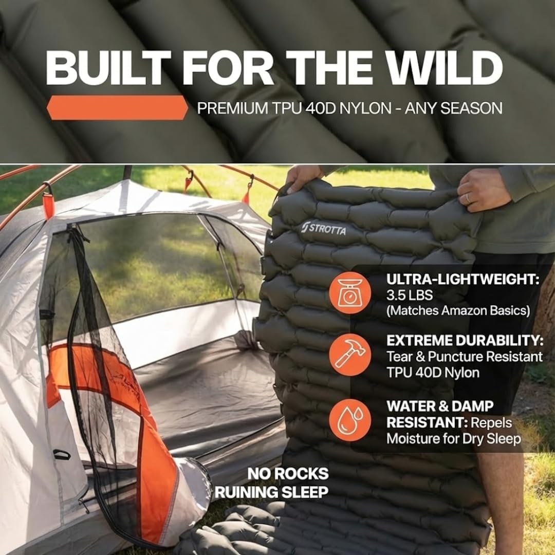 ANGORA BRANDS Inflatable Sleeping Pad for Camping & Backpacking | R-3 Value, 2.1" Thick, 25" Wide | Compact Lightweight Sleeping Mat for Hiking, Travel & Outdoor Use