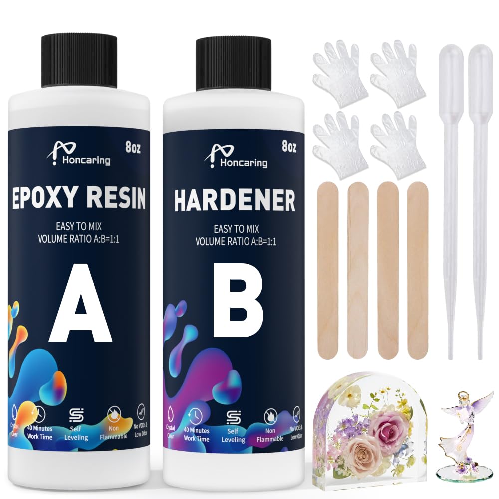 Honcaring Epoxy Resin 16OZ, Clear Beginner-Friendly Kit, Clear Resin Epoxy for Crafts, DIY Jewelry Making, Mixing Ratio 1:1, Less Bubble & No Yellowing(8OZ×2)