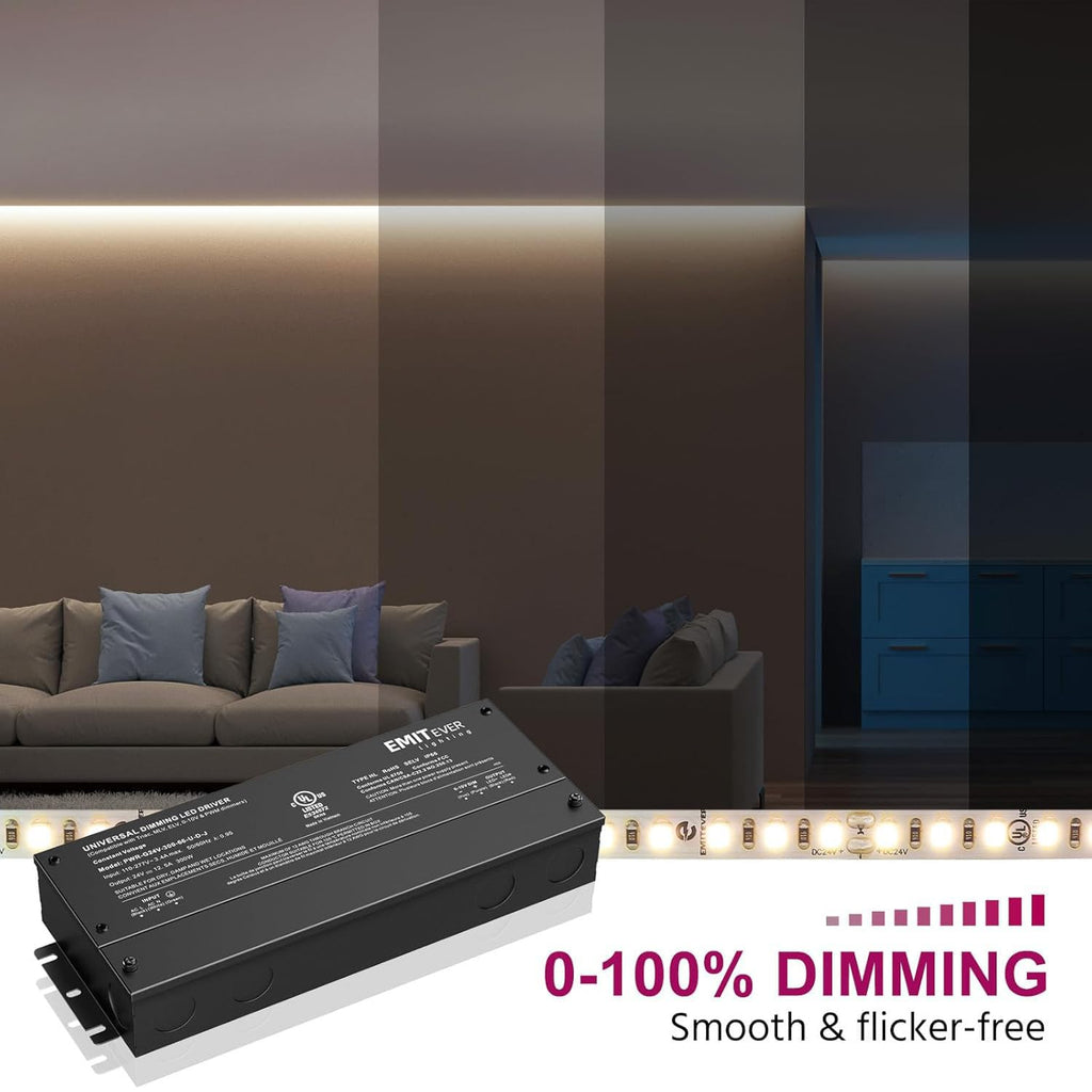 EMITEVER 2-Pack 300W 24V 5-in-1 Dimmable LED Driver, AC 110-277V to DC
