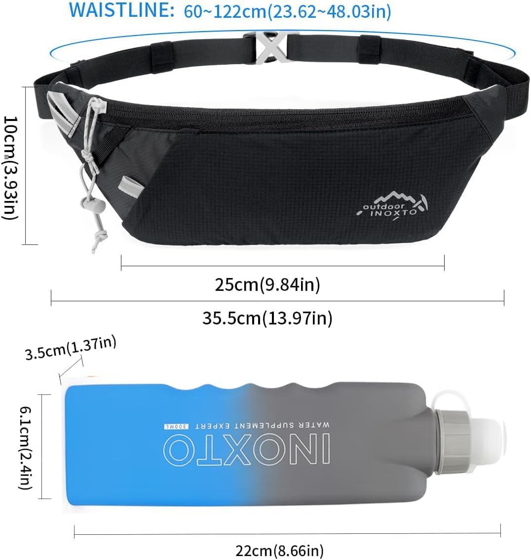 INOXTO Slim Running Belt Fanny Pack for Women and Men Sports Waist Bag Pack with 300ml Water Bottle for Running Walking Cycling Hiking Reflective Running Pouch Belt for All Phones (Black) (Black)