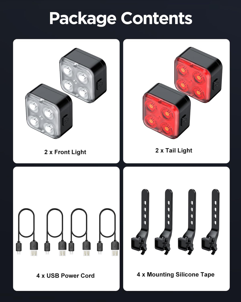 Akale Bike Lights Set, Rechargeable Bicycle Lights Front and Rear, 4 Light Mode Options, Bike Headlight, IPX4 Waterproof, Easy to Install for Men Women Road