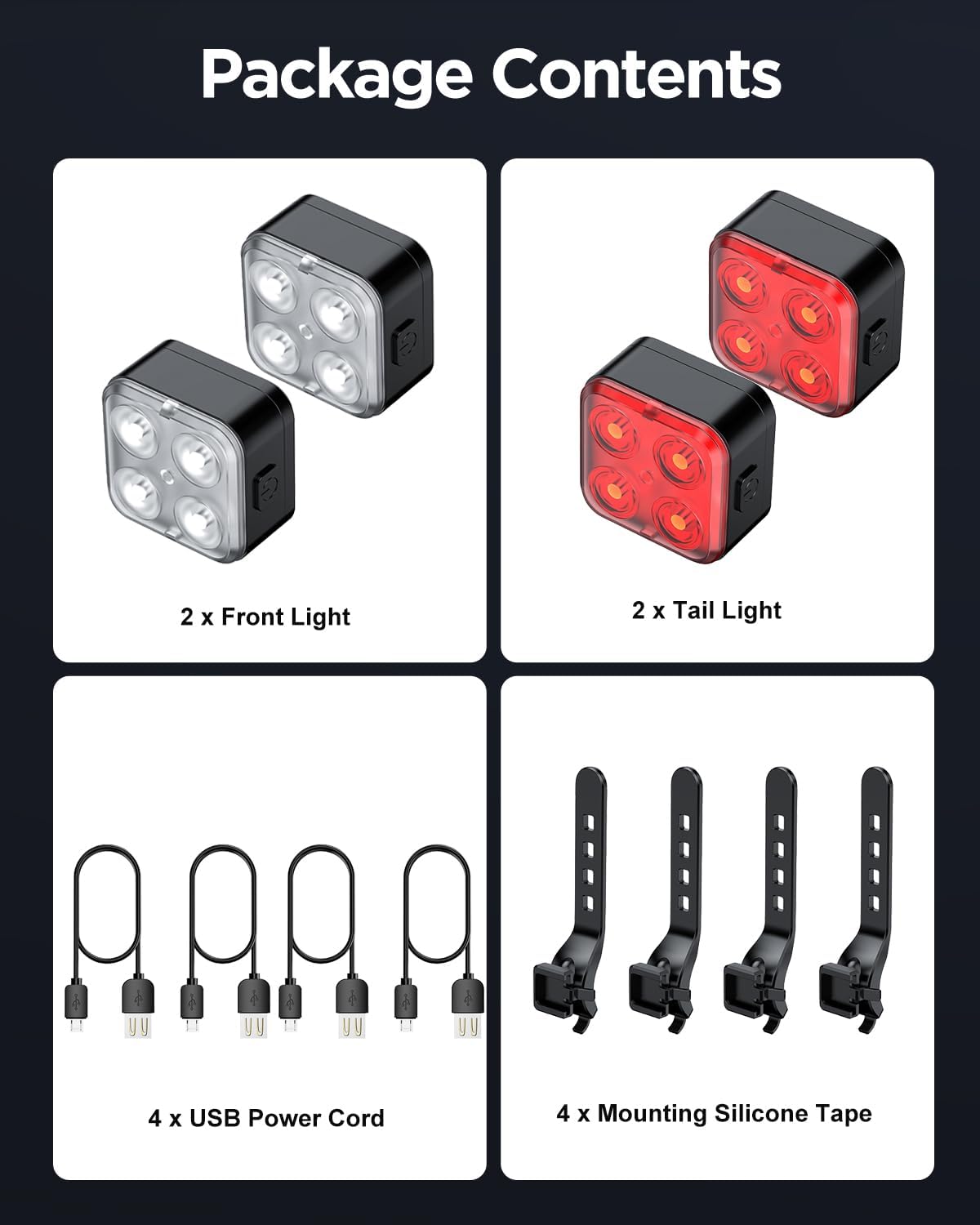 Akale Bike Lights Set, Rechargeable Bicycle Lights Front and Rear, 4 Light Mode Options, Bike Headlight, IPX4 Waterproof, Easy to Install for Men Women Road