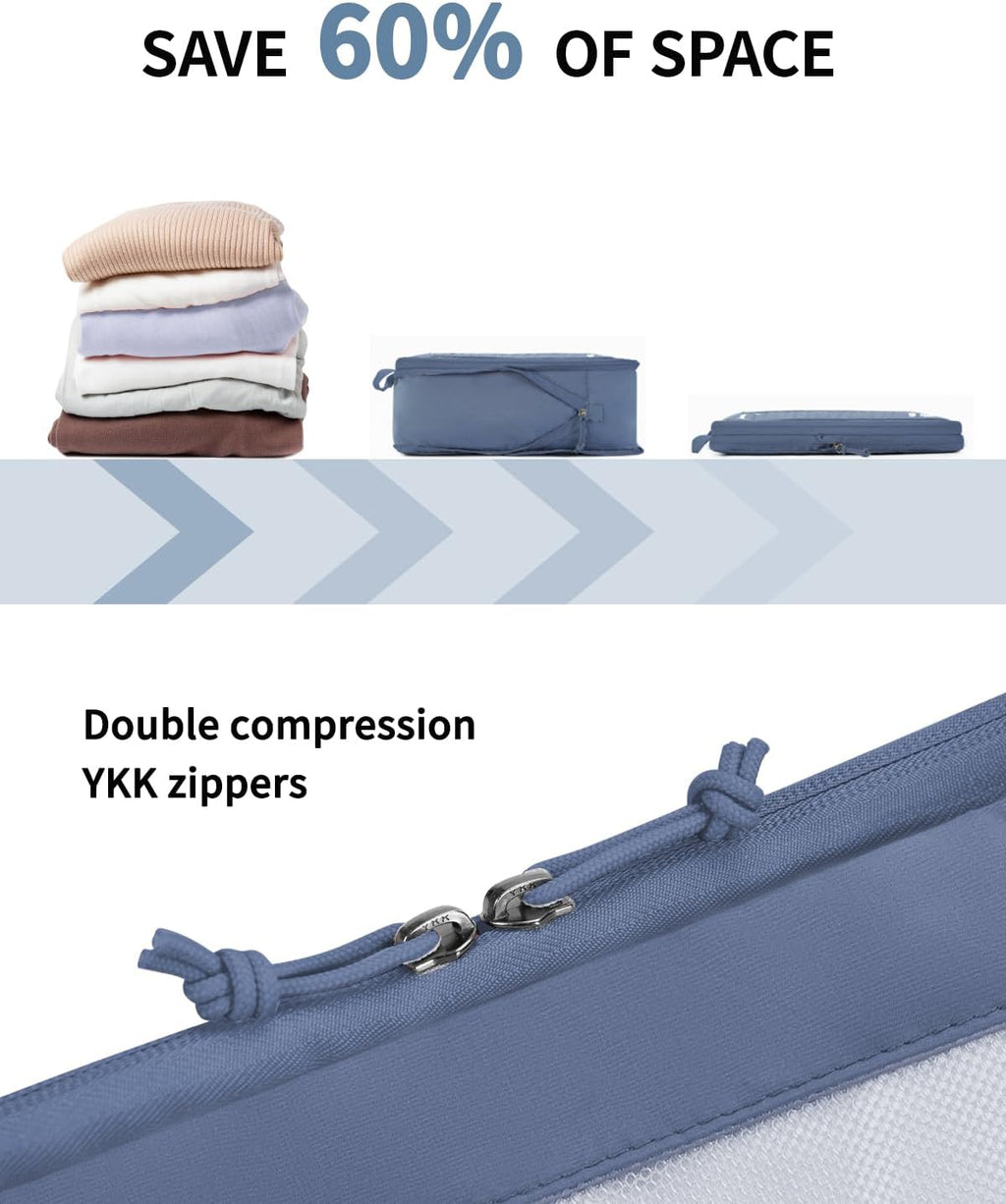 ECOHUB 5 Set Compression Packing Cubes for Suitcases Organiser Bags Set Travel Essentials with Shoe Bag for Traveling Tear-resistant Travel Accessories with ID Tag Expandable Packing Bags(All Blue)