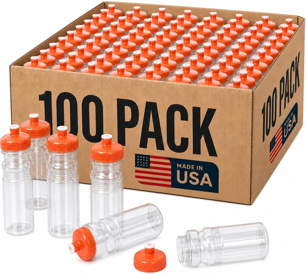 Rolling Sands Reusable Bulk Water Bottles 100 Pack - 24 Oz Sports Water Bottles, USA Made, BPA-Free, Wide Mouth for Easy Cleaning, Break Resistant - Translucent Clear Bottle/Orange Lid