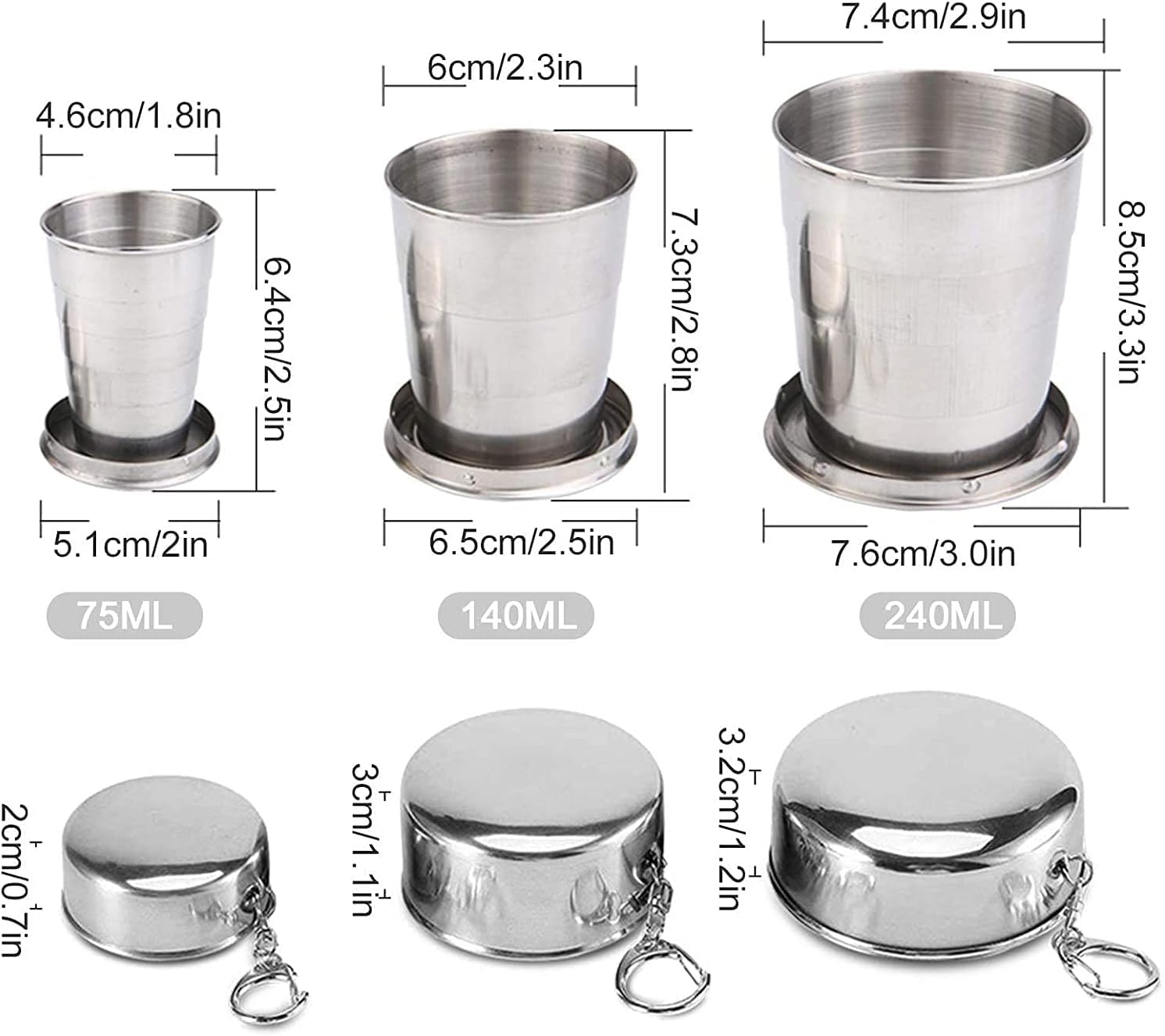 Guyuyii 3 Pcs Stainless Steel Collapsible Cups for Traveling with Keychains