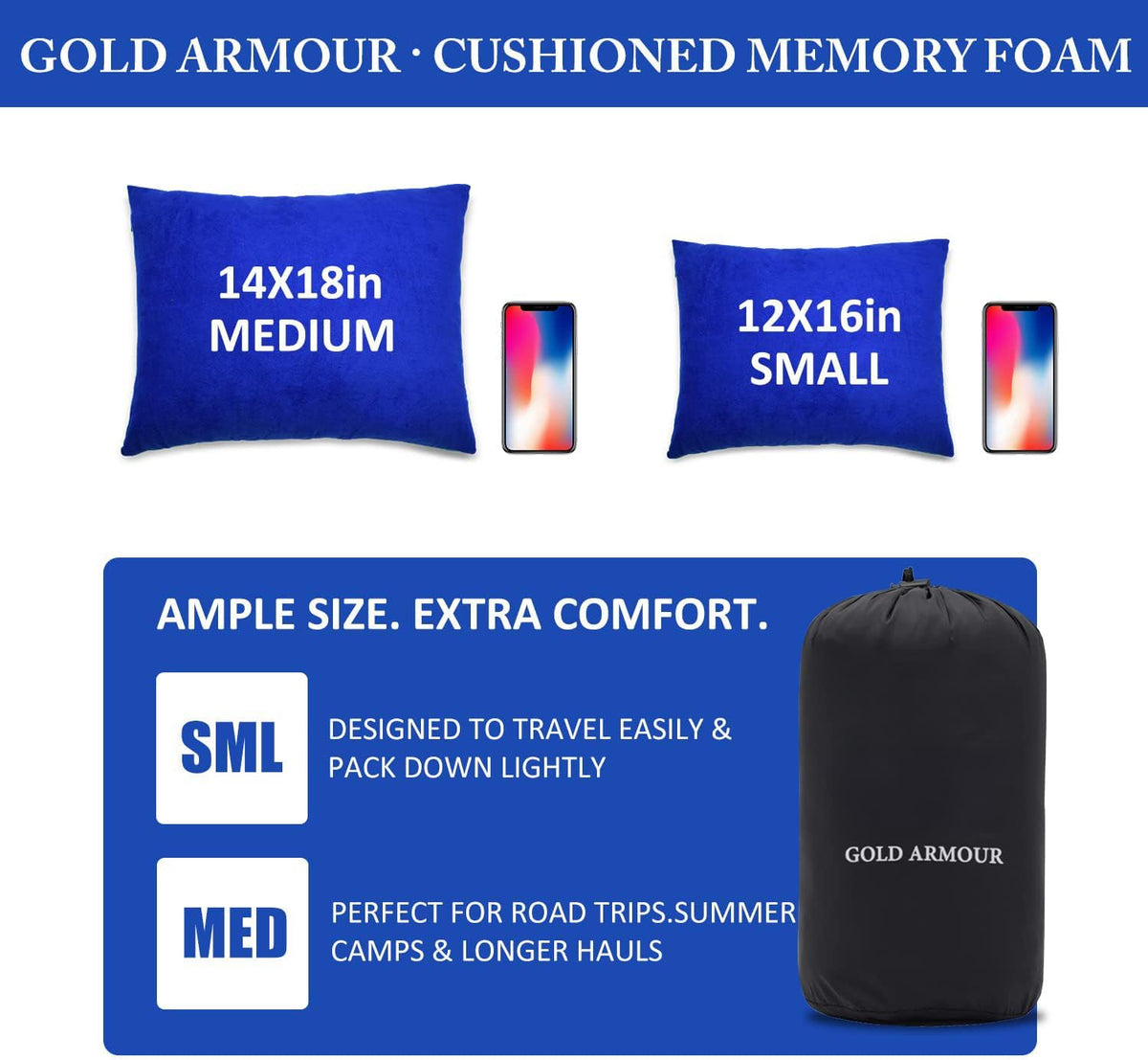 Gold Armour Camping Pillow - Backpacking and Travel Pillow for Sleeping and Traveling - Compressible Memory Foam Travel Pillow - Essential Camping Accessories Gear (Medium 14x18in, Blue)