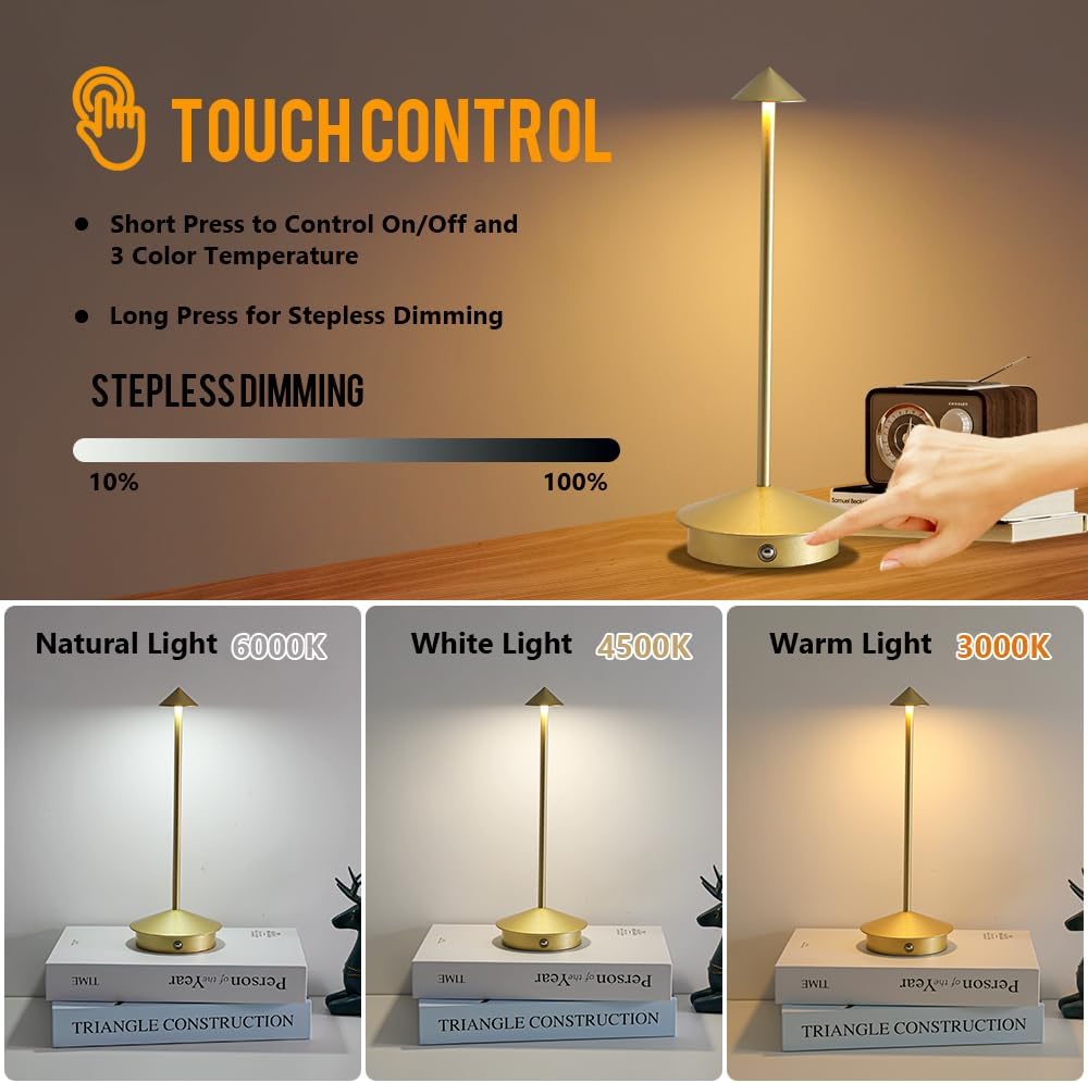Cordless Table Lamp Set of 2, 5000mAh Rechargeable Battery Powered LED Desk Lamp, Portable Touch Dimming Outdoor Table Lamps, 3 Color Light for Restaurant, Patio, Bedroom, Night Lamp (Gold)