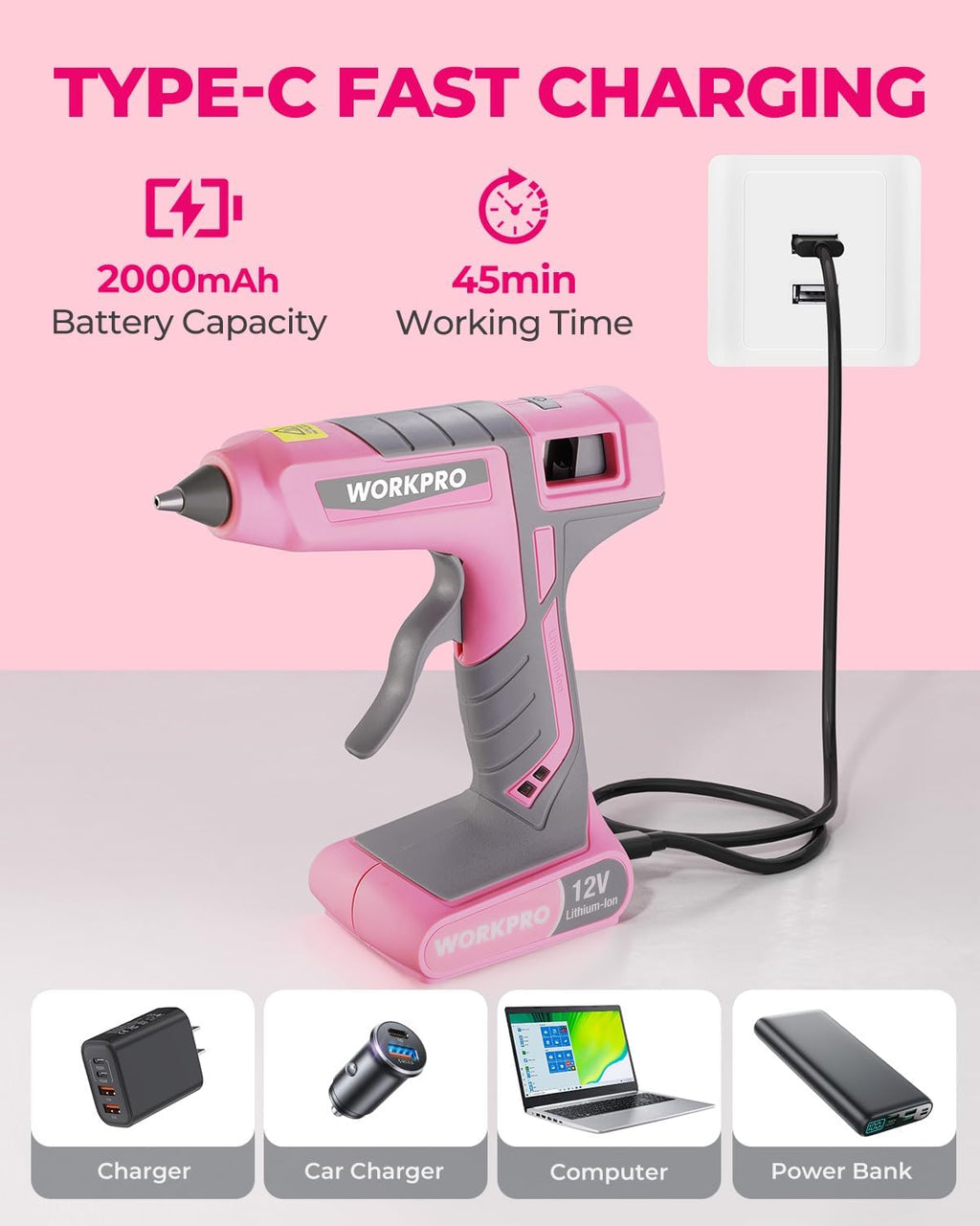 WORKPRO 12V Cordless Full-Size Hot Melt Glue Gun, Fast Preheating
