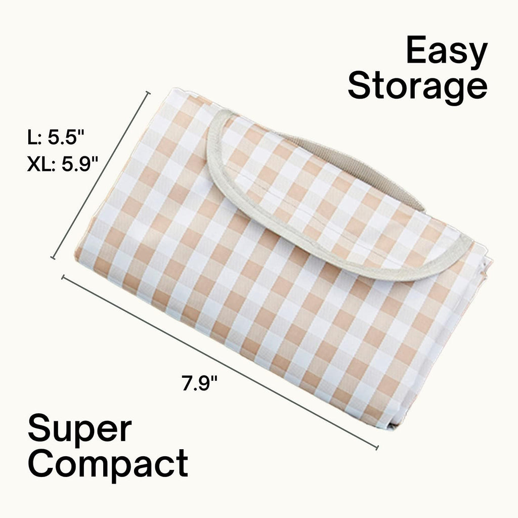 Cute Gingham Picnic Blanket, Waterproof Foldable, in Large 80x60in and Extra Large 80x80in, Portable Compact Beach Blanket, Oversized XL Outdoor Mat (Tan, X-Large)