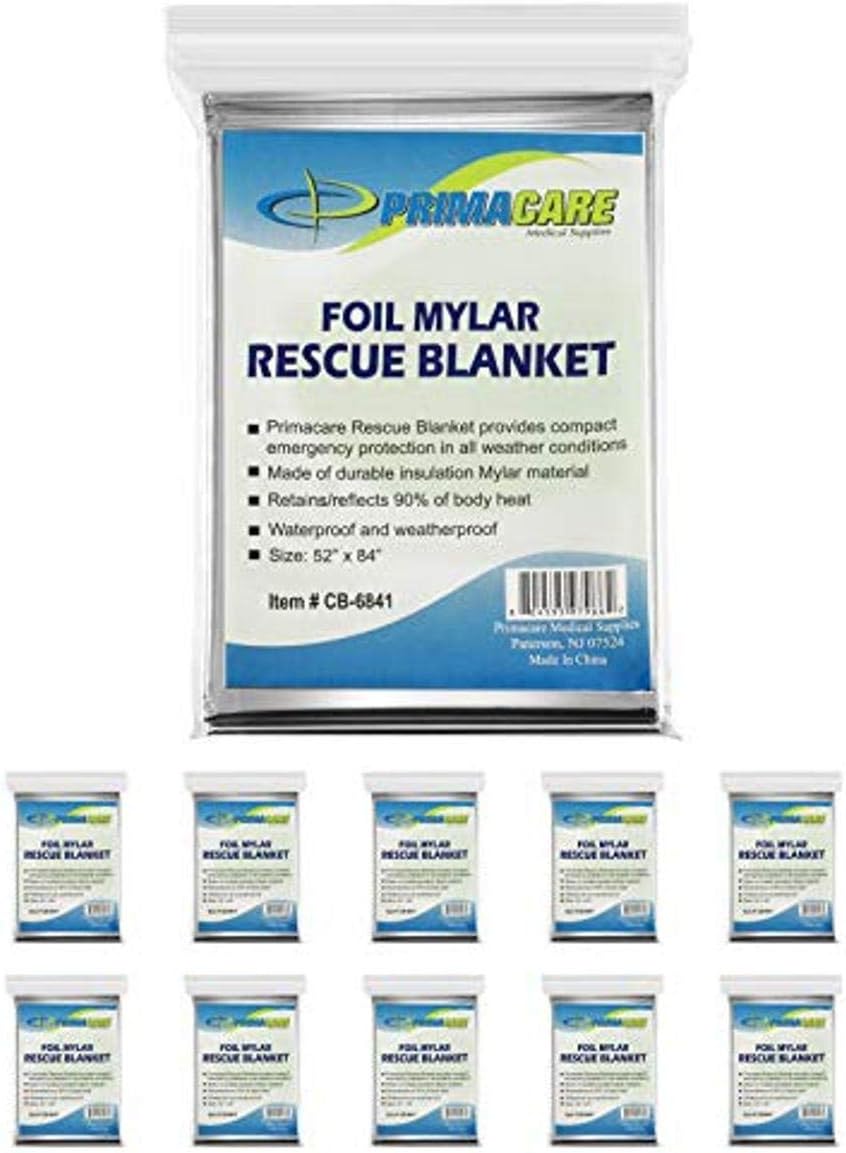 Primacare HB-10 Emergency Mylar Thermal Blankets – 10 Pack, 84" x 52", Silver – Reflective, Waterproof, Retains 90% Body Heat – for Survival, First Aid, Outdoors, Camping, EMS