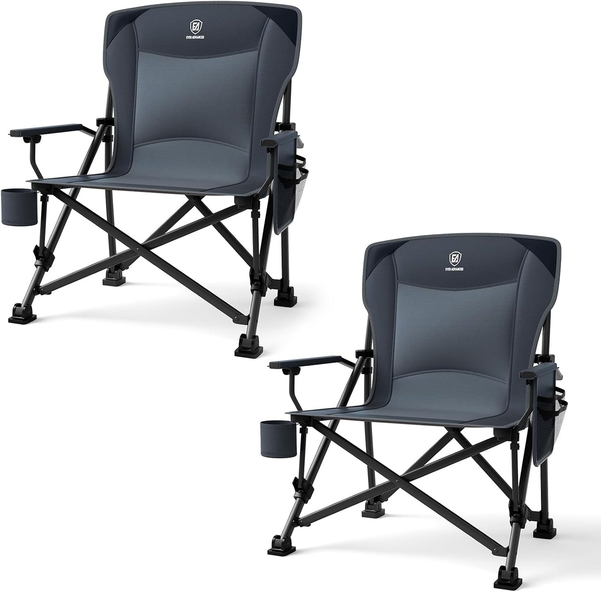 EVER ADVANCED Oversized Folding Camping Chair for Adults, Heavy Duty Lawn Chair with Side Pockets, Portable Collapsible Quad Chair for Outside, Support Up to 500lbs, Blue 2PACK