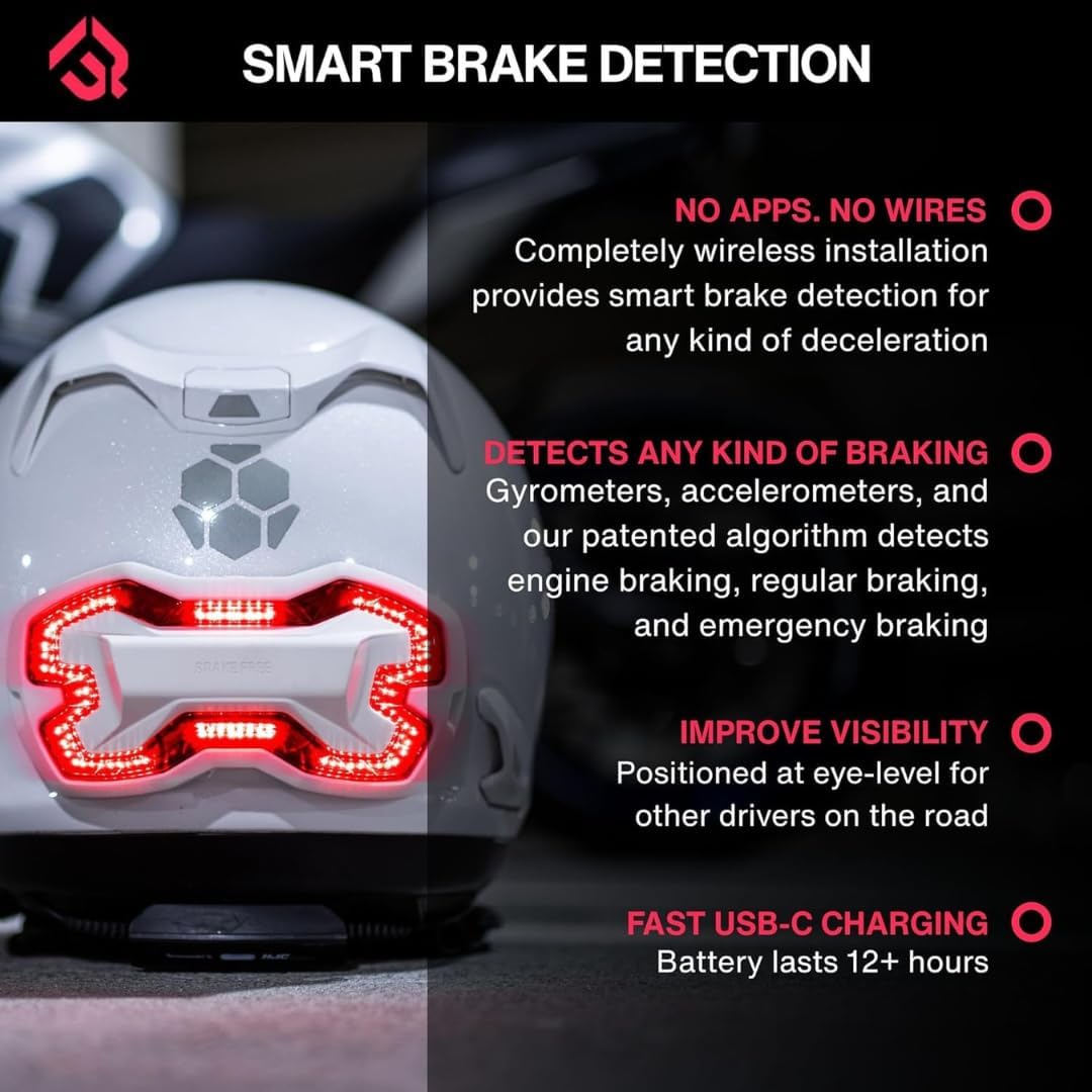 Brake Free Helmet Light - Smart Wireless Motorcycle Lights- Weatherproof LED Motorcycle Helmet Light - Lightweight & Aerodynamic Design - Smart Brake Detection - Single Button Operation - Black