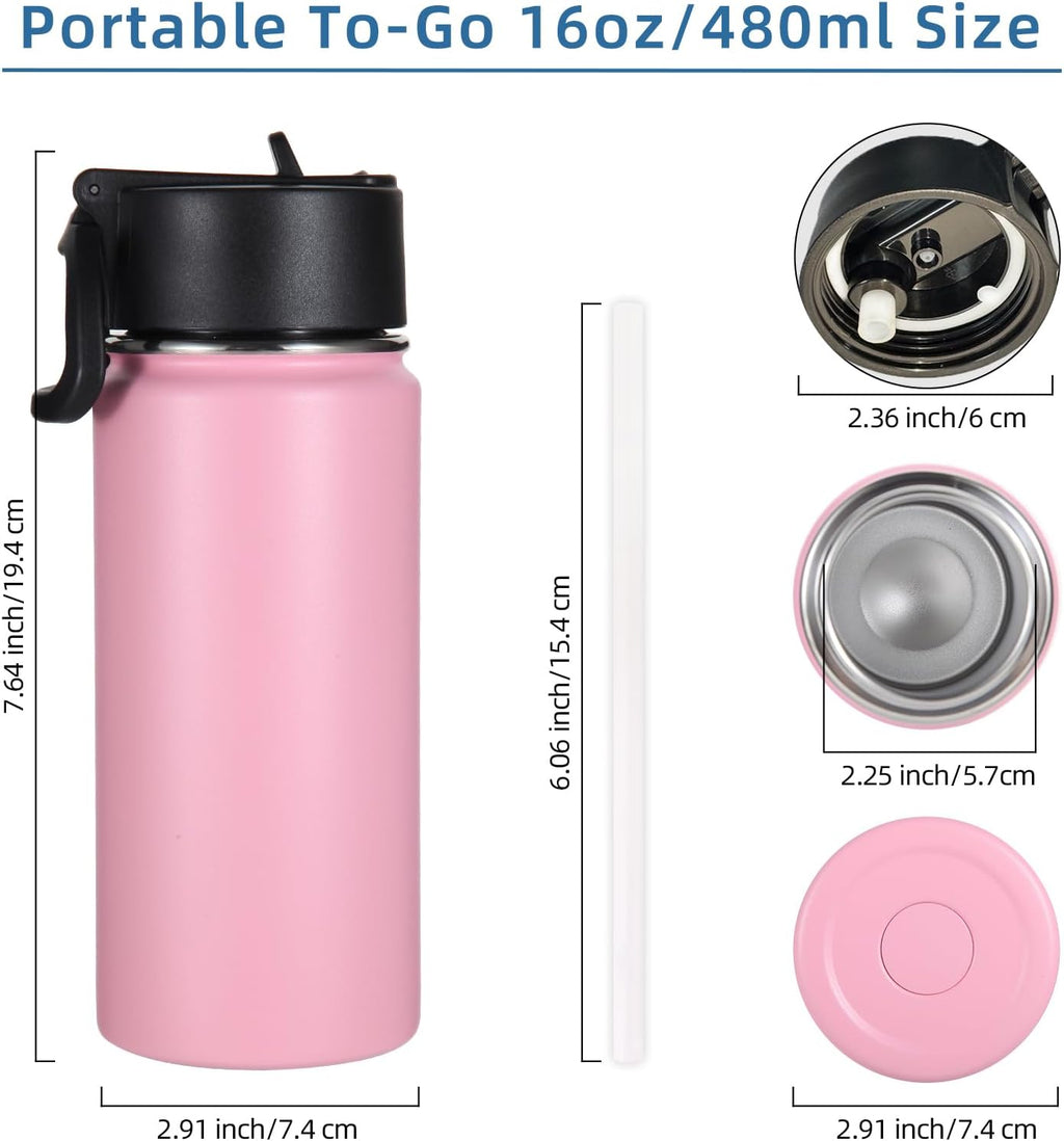 Volhoply 16 OZ Kids Water Bottle Bulk 4 Pack,Insulated Sports Bottles with Straw Lid,Stainless Steel Bottle with Handle Keep Cold & Hot,Double Wall Vacuum Tumbler Cups for School,Girls(Pink, 4)