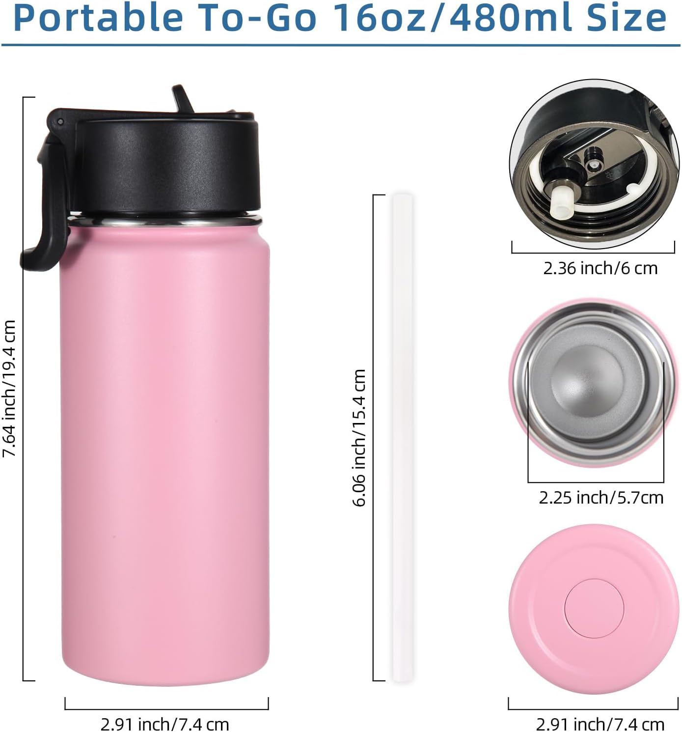 Volhoply 16 OZ Kids Water Bottle Bulk 4 Pack,Insulated Sports Bottles with Straw Lid,Stainless Steel Bottle with Handle Keep Cold & Hot,Double Wall Vacuum Tumbler Cups for School,Girls(Pink, 4)