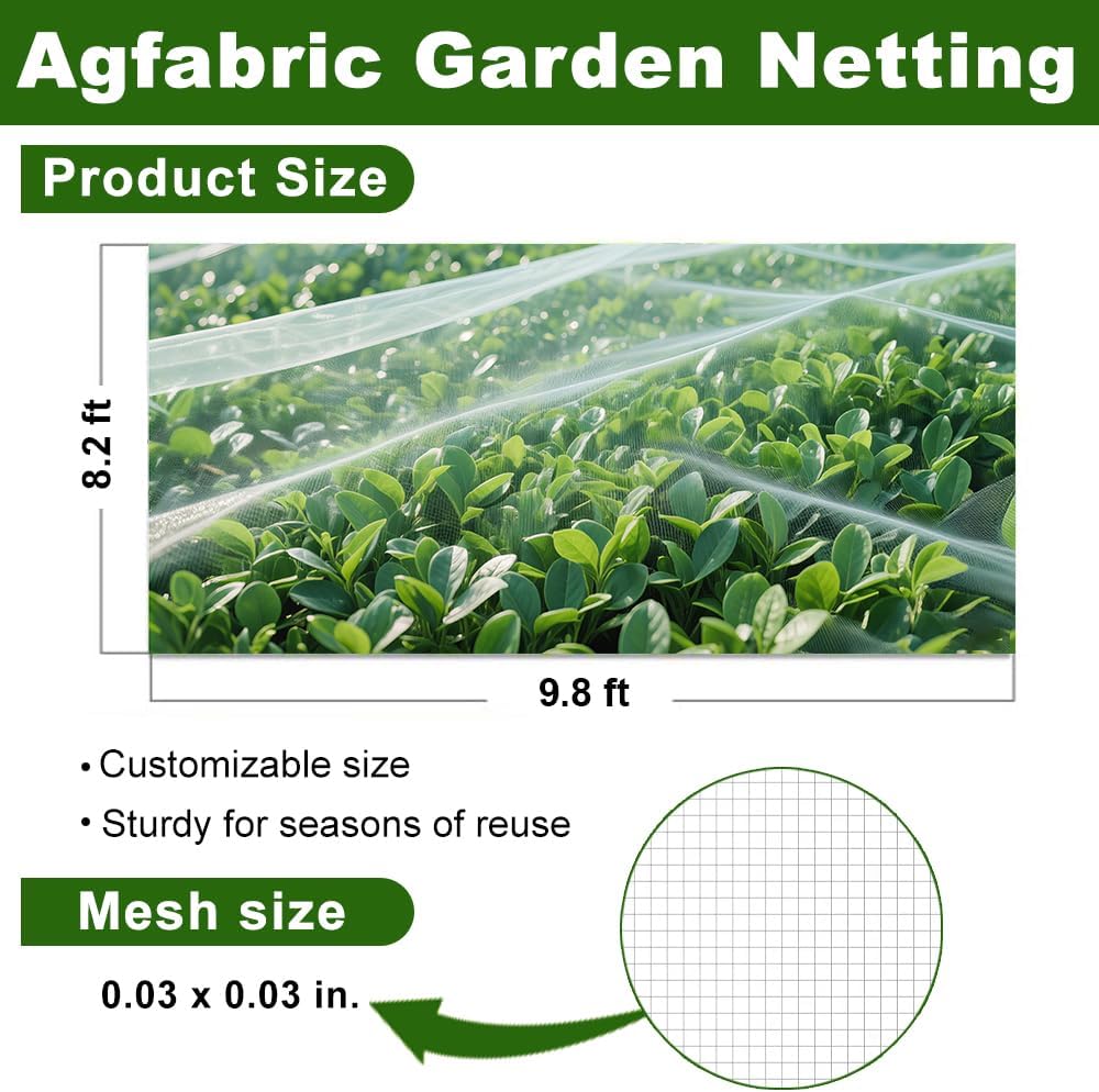 Agfabric Garden Netting 8.2'x9.8' Insect Pest Barrier Netting for Garden Protection,Plant Cover Row Cover Mesh Netting for Vegetables Fruit Trees and Plants,White