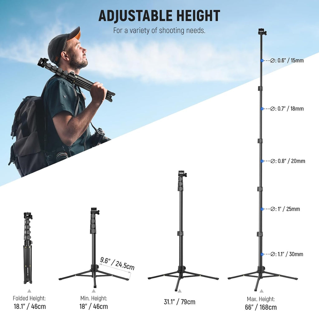 NEEWER Basic Phone Tripod for iPhone & Camera w/Remote & Phone Holder, 66" Metal Selfie Stick Travel Vlog Cell Phone Stand, Portable Camera Cellphone Holder Mount for Video Recording Filming, TS03