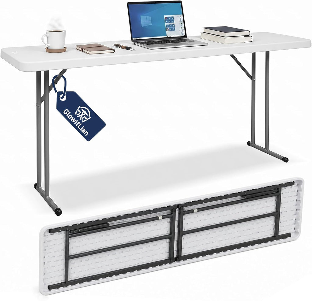 Folding Table 5FT Narrow Portable Plastic Heavy Duty Table HDPE Tabletop Rectangle Seminar Table with Carrying Handle Indoor Outdoor for Training, Buffet,Home Office, Camping, Party