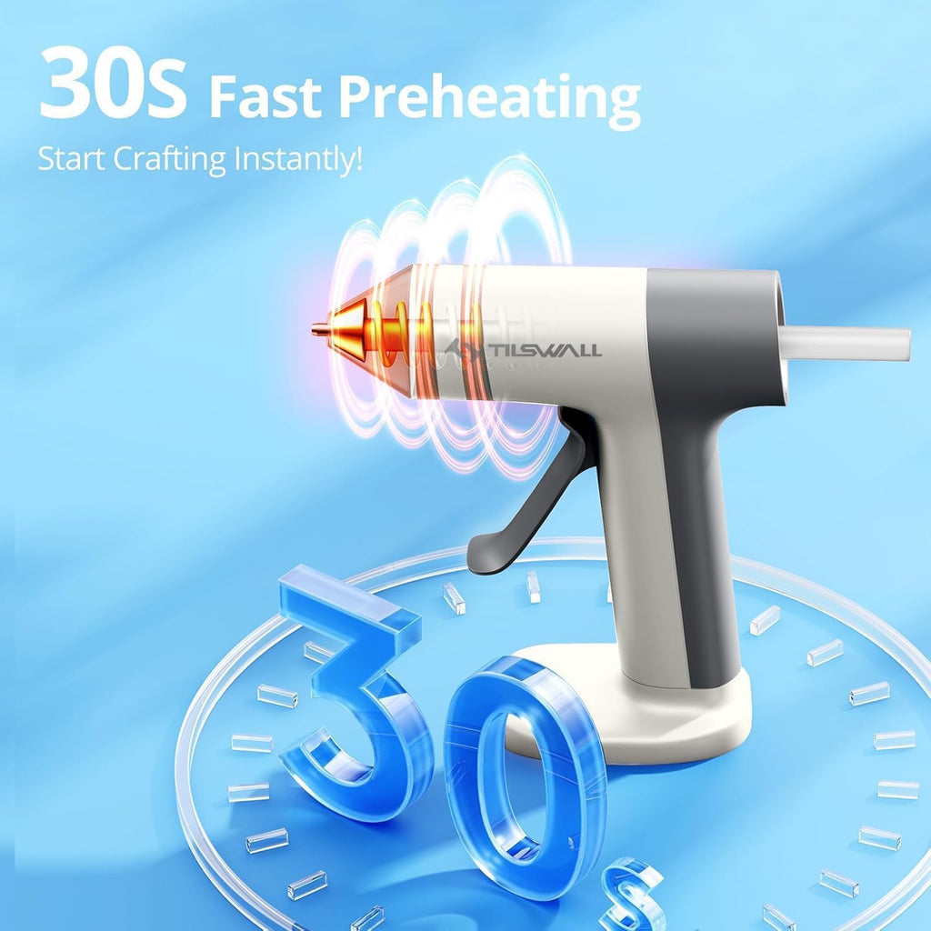 Tilswall Cordless Hot Glue Gun W106 with 30s Fast Preheating White