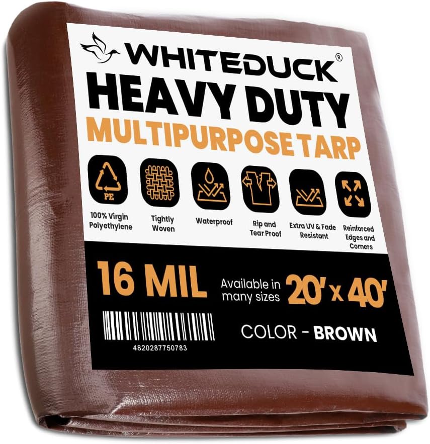 WHITEDUCK Super Heavy Duty Poly Tarp Cover 16 Mil with Grommets and Reinforced Edges (Brown- 16 Mil, 20' x 40')