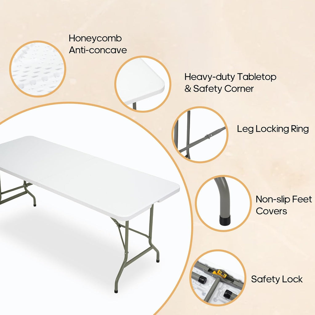 Folding Table 6ft, Heavy-Duty 500lbs Weight Capacity Foldable Table with HDPE Top & Steel Legs, Portable 6 Foot Picnic Table for Indoor Outdoor Parties, Camping, Event (White, 6 FT)