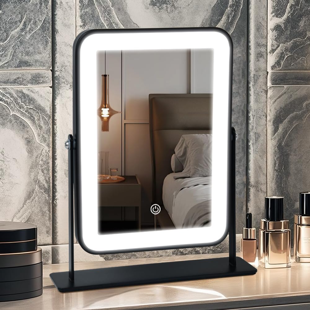 YEKKOPT Pink Rechargeable Vanity Mirror with Lights, 10"×7" LED Makeup Mirror with Lights, Smart Touch Control Dimmable 3 Modes Light, Lighted Up Mirror for Makeup Desk, Bedroom, Dressing Room