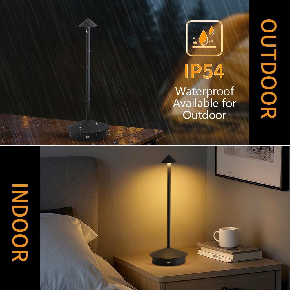 2 Pack LED Rechargeable Cordless Table Lamps,Portable Outdoor 5000mAh Battery Operated Table Light Touch Control 3 Color Dimmable for Patio/Cofee/Restaurant/Camping/Dining/Bedroom-Black