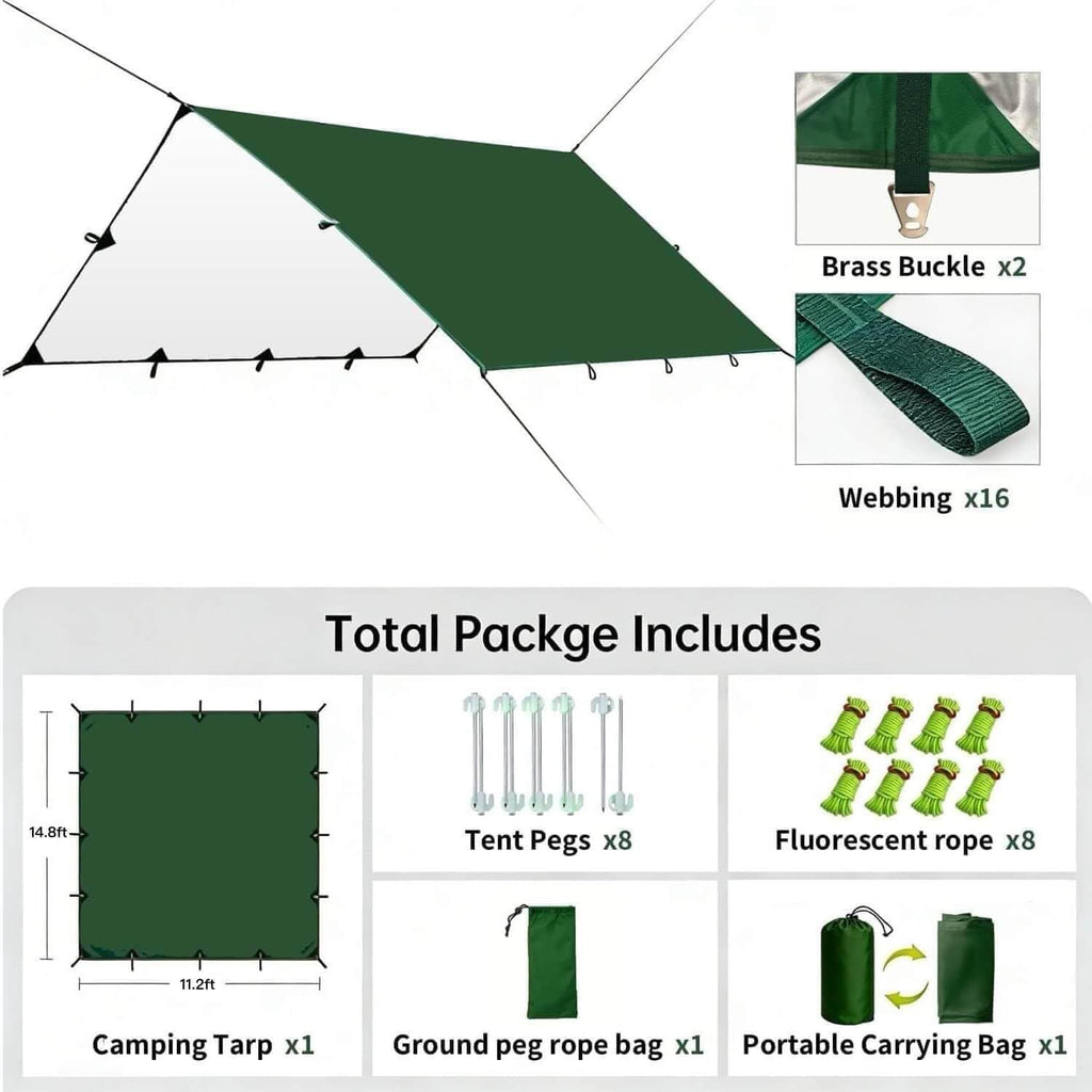 Waterproof Camping Tarp Tent Hammock Rain Fly, Mutifunctional Tent Footprint Lightweight Tarp for Camping, Hiking and Survival Shelter (Green, Without Poles,15x11FT)