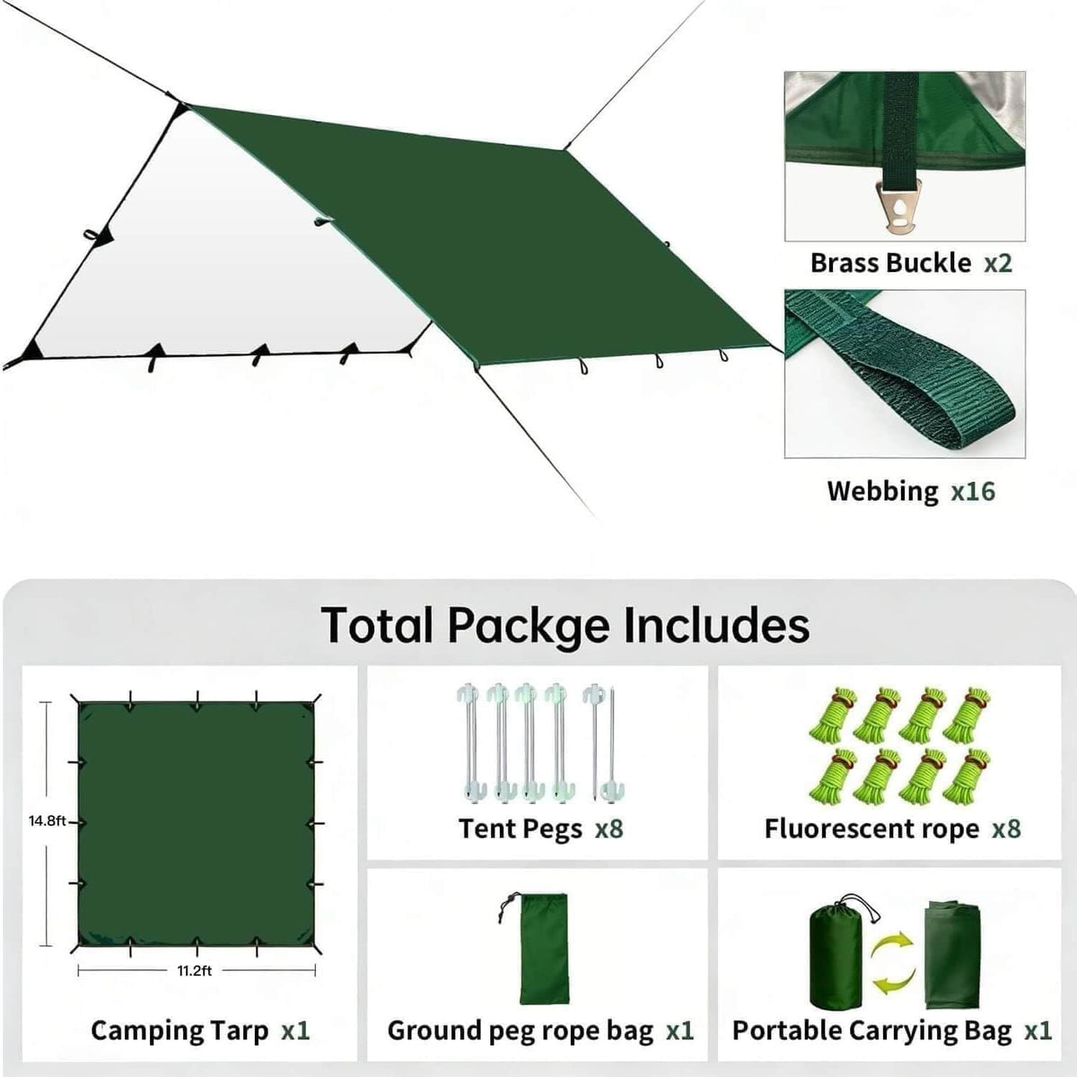 Waterproof Camping Tarp Tent Hammock Rain Fly, Mutifunctional Tent Footprint Lightweight Tarp for Camping, Hiking and Survival Shelter (Green, Without Poles,15x11FT)