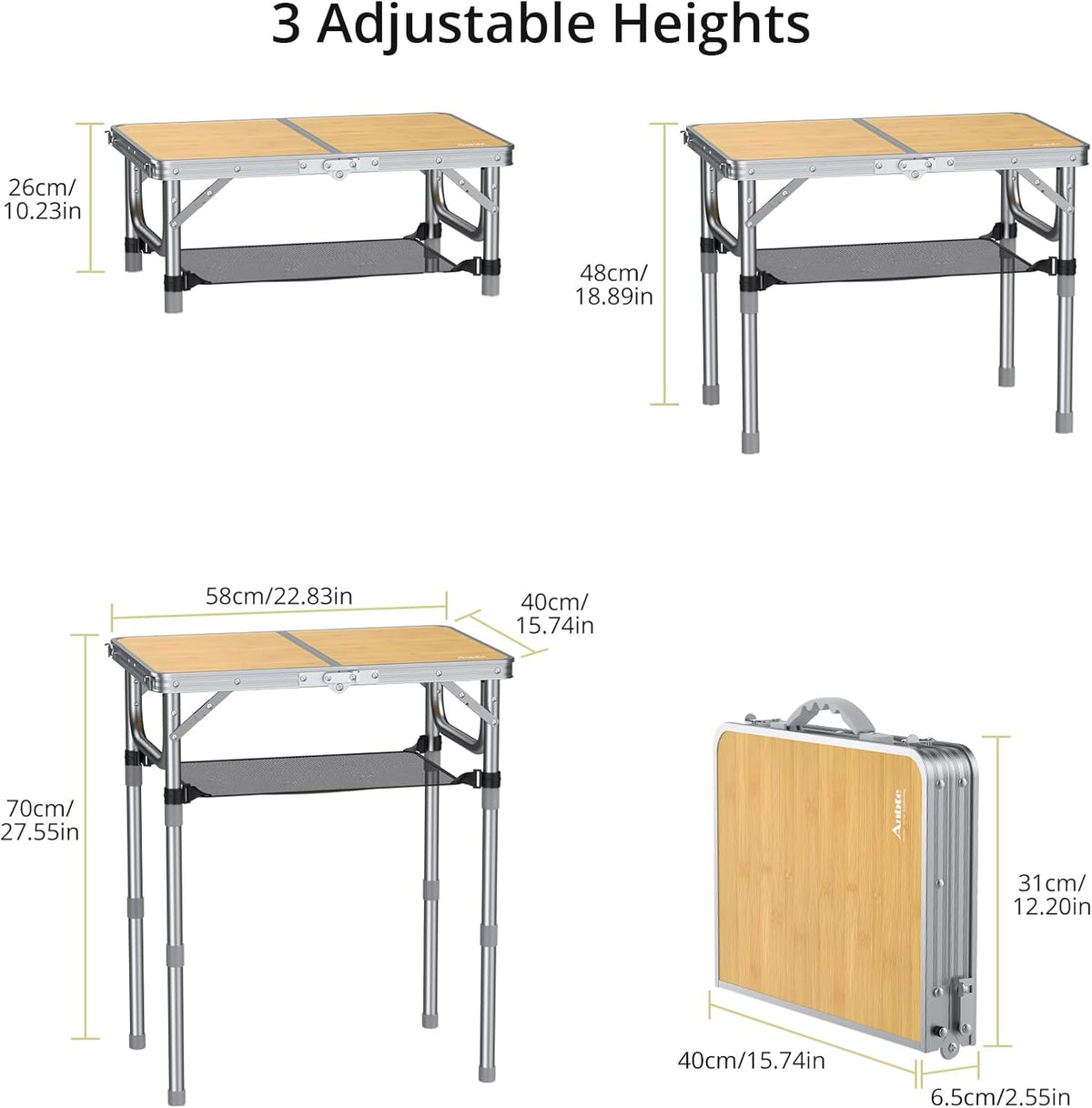 Anbte 2ft Camping Folding Table, 3 Adjustable Heights High 27.5", 24" x 16"