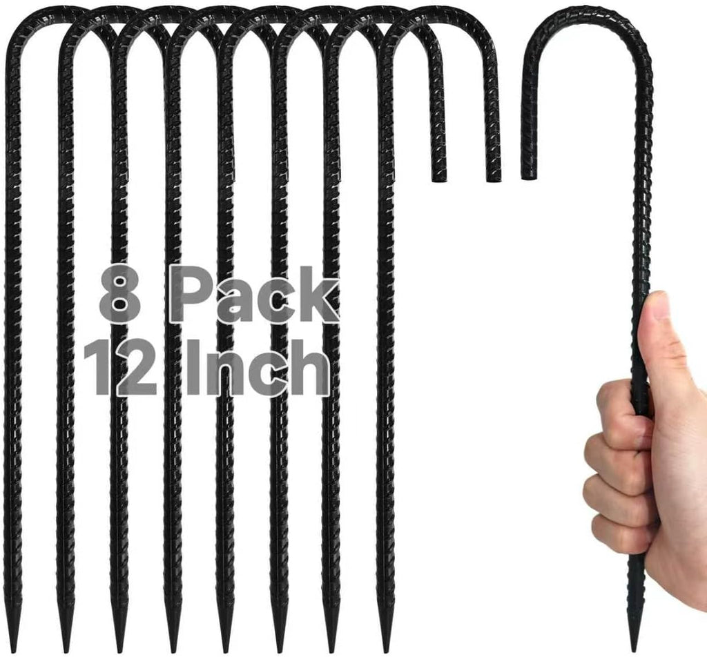 16Piece Tent Stakes Heavy Duty, 12 ’’ Rebar Stakes Ground Anchors High Wind, J Shape Galvanized Steel Trampoline Stakes for Camping Patio, Trampoline, Garden, Canopies, Outdoor (Black, J Shape)