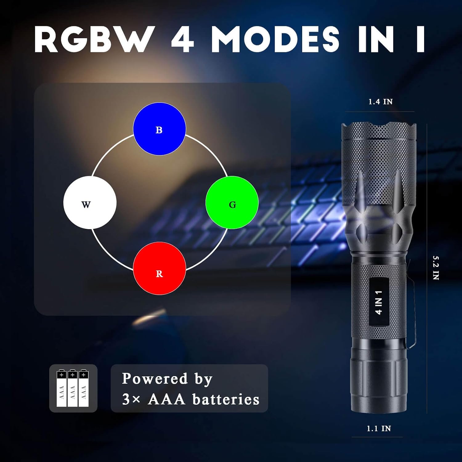 RGBW 4 Modes Flashlight, Red Green Blue White Light Options | Zoomable & Memory Function | Multi-Color Changing | Compact, Weatherproof for Night Vision | No Battery Included