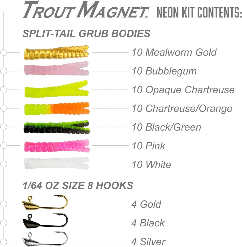 Trout Magnet 82-Piece Neon Fishing Gear Kit, Includes 70 Grub Bodies Trout Bait and 12 Size 8 Hooks