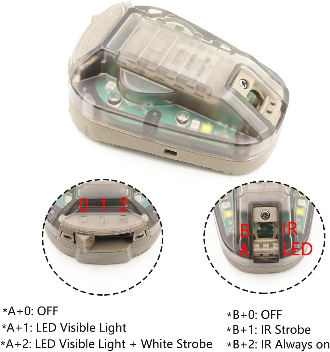 Tactical IR Strobe Helmet Light Military Identification Lights with Visible LED + White Strobe Survival Signal (Tan-Green)