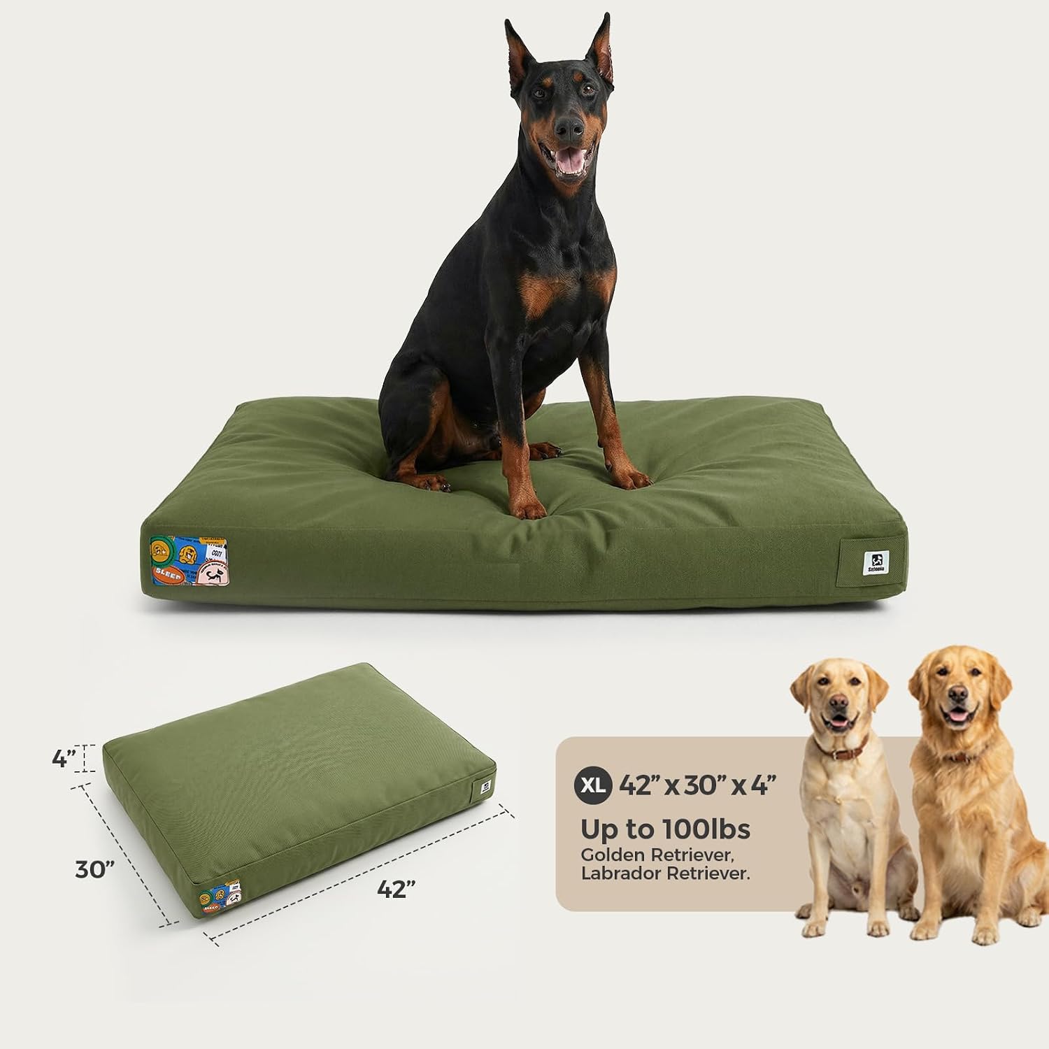 Sytopia 42 Inch Indestructible Dog Bed for Aggressive Chewers, Chew Proof Durable Outdoor Canvas Pet Crate Mat with Waterproof Washable Removable Cover, Indoor Patio Pet Pad for Crate, Green
