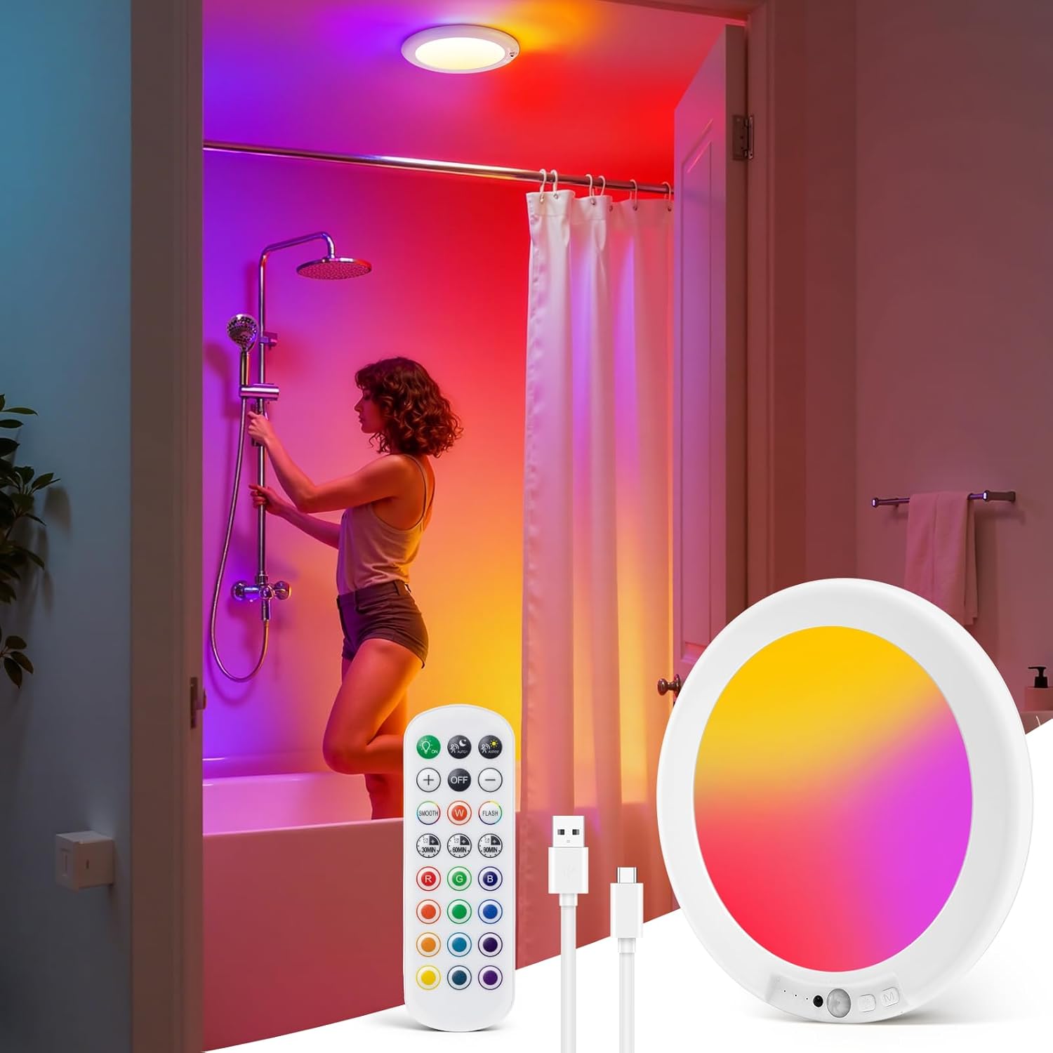 wowatt RGB Rechargeable Shower Lights for Inside Shower Waterproof IP44